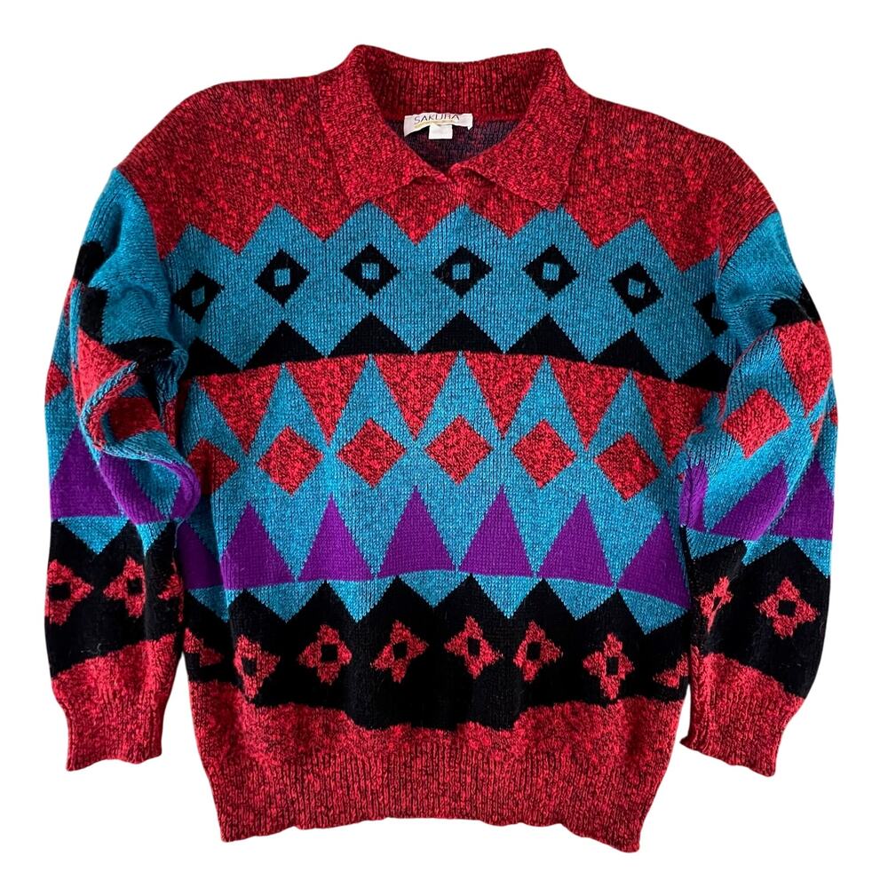 90s Geometric Colorblock Sweater Mens L Coogi Style Red Blue Vintage Knit USA